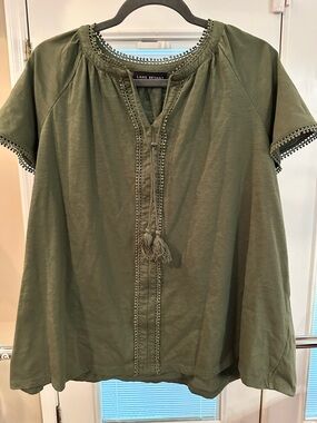 Size 18-20 Lane Bryant Olive Green Embroidered Tassel Peasant Top. Never worn!